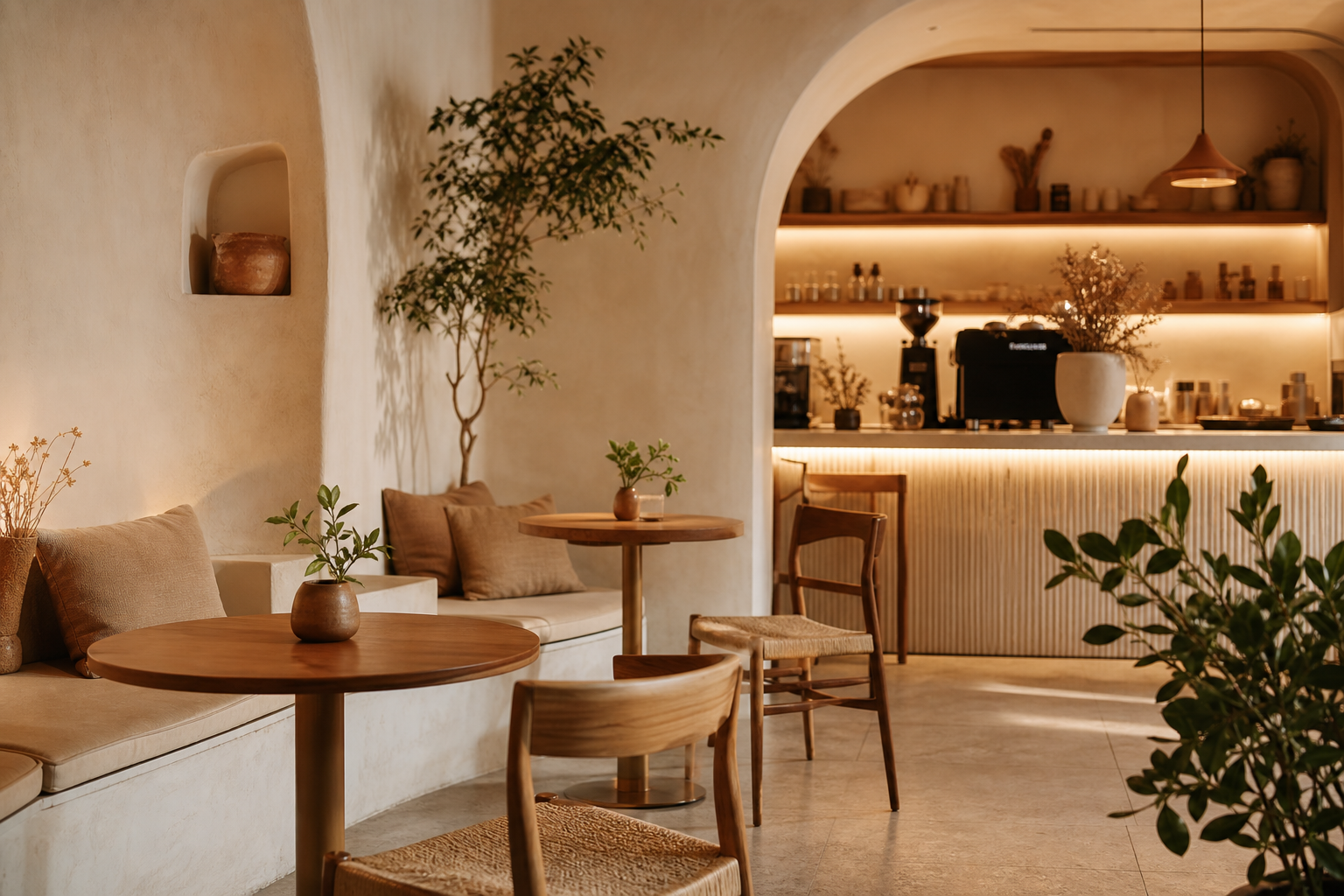 Warm cozy cafe seating corner with curved plaster wall and wood furniture