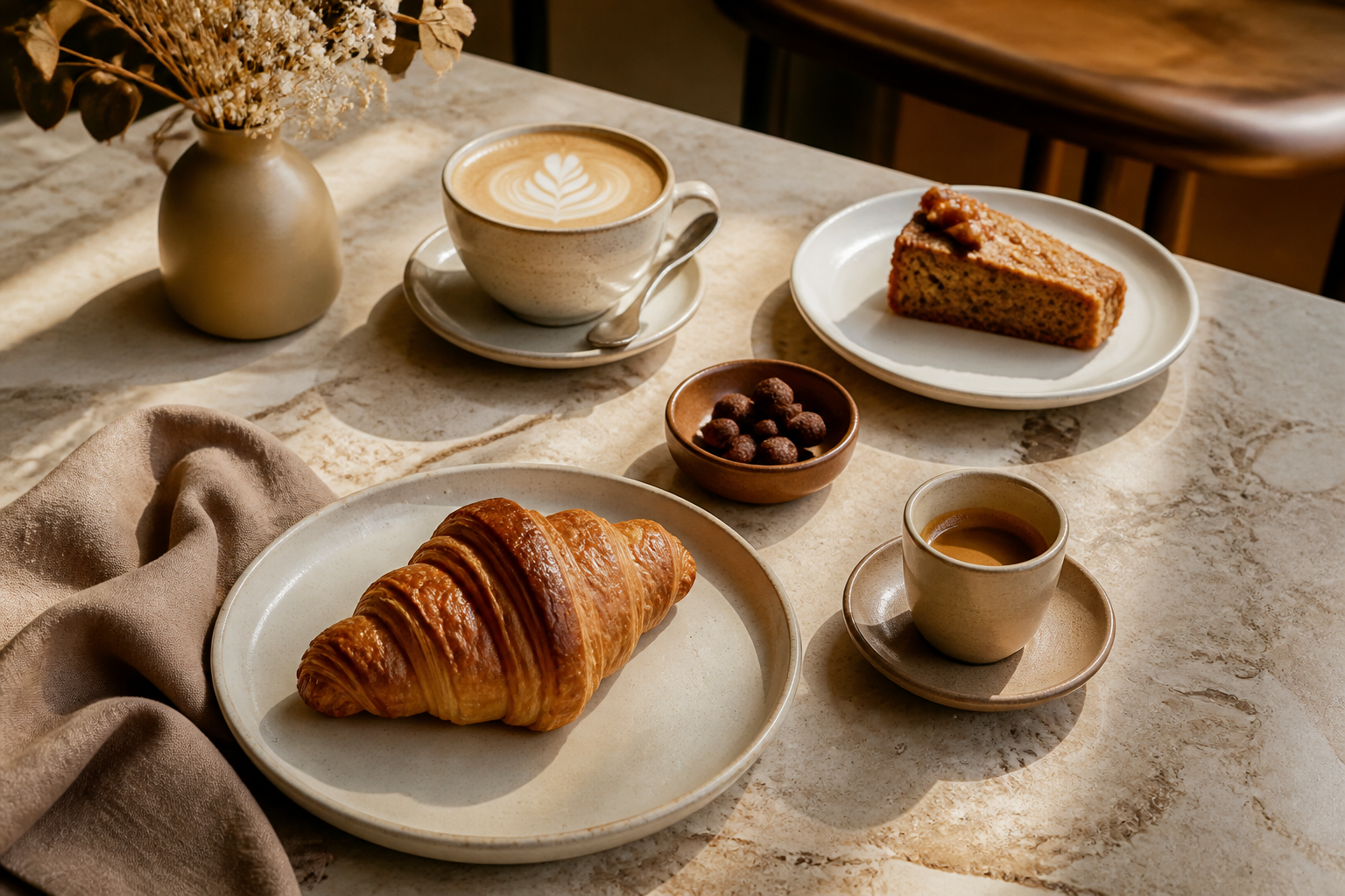 Cappuccino, espresso, croissant, and cake on a warm stone table