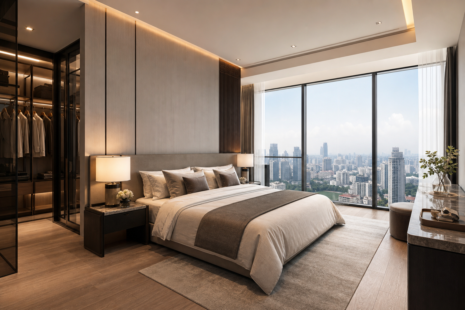Modern condominium bedroom with neutral tones